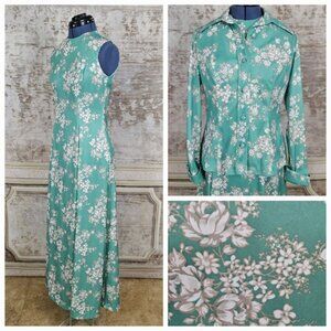 Vintage 1970s M Maxi Dress & Jacket Green Floral Mod Vintage VTG 70s Sleeveless